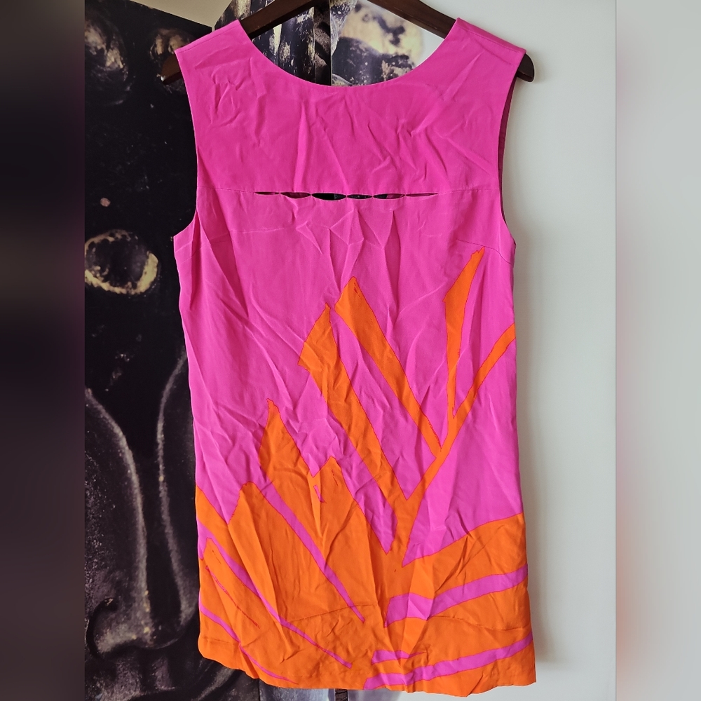 Tibi Women's Rear V-Neck Pink Orange‎ Silk Sleeveless Shift Dress Size 8